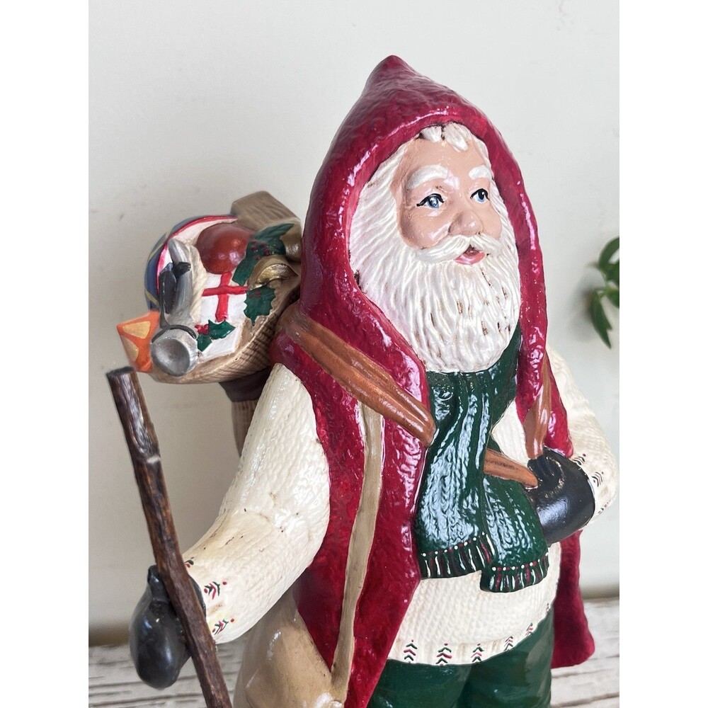 Vintage Hand Painted Ceramic And Wood Santa With Skis And Staff Retro Christmas